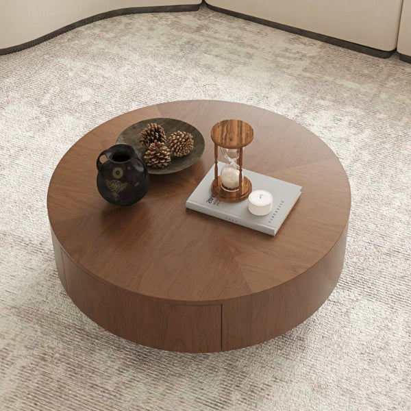 English Elm 35.43 Inch Round Walnut Veneer Coffee Table with Dual Hidden Drawers and Sphere Legs W6002P517635