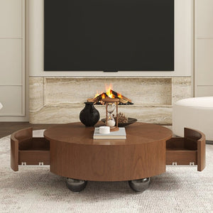 English Elm 35.43 Inch Round Walnut Veneer Coffee Table with Dual Hidden Drawers and Sphere Legs W6002P517635