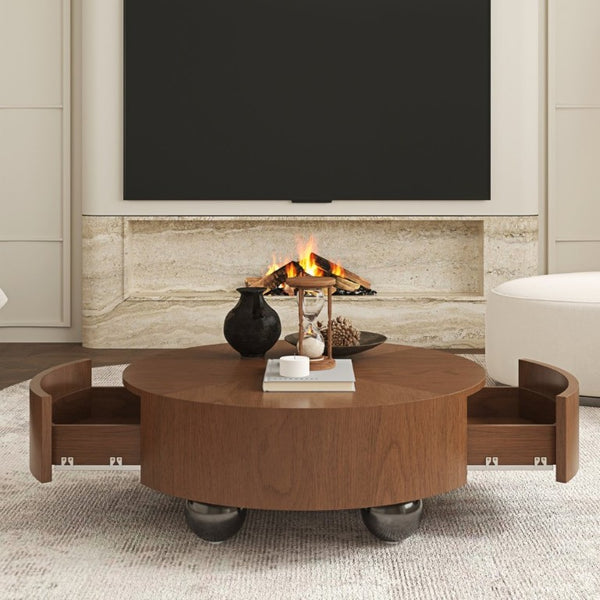 English Elm 35.43 Inch Round Walnut Veneer Coffee Table with Dual Hidden Drawers and Sphere Legs W6002P517635