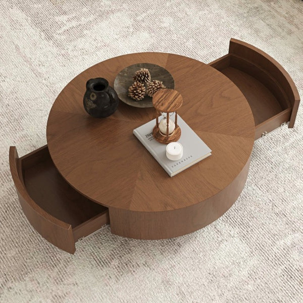 English Elm 35.43 Inch Round Walnut Veneer Coffee Table with Dual Hidden Drawers and Sphere Legs W6002P517635