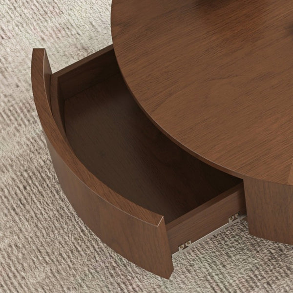 English Elm 35.43 Inch Round Walnut Veneer Coffee Table with Dual Hidden Drawers and Sphere Legs W6002P517635