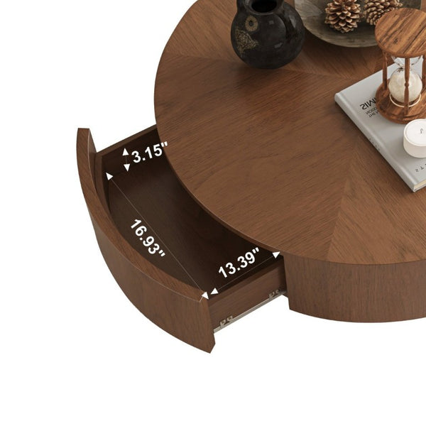 English Elm 35.43 Inch Round Walnut Veneer Coffee Table with Dual Hidden Drawers and Sphere Legs W6002P517635