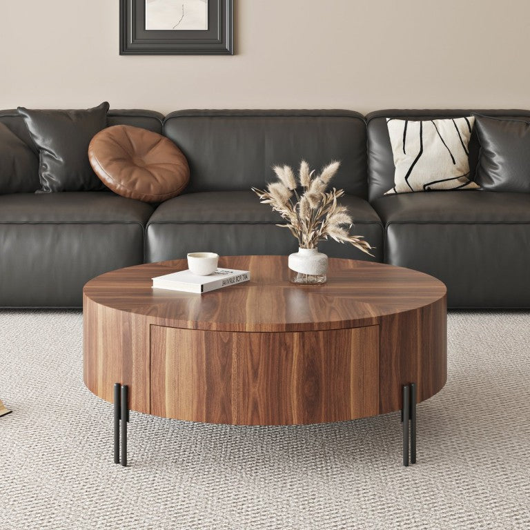 English Elm 35.43 Round Walnut Veneer Coffee Table with Dual Drawers Steel Legs MCM Living Room W6002P566304