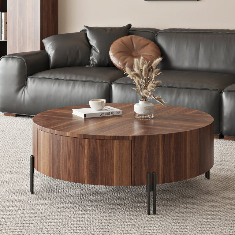English Elm 35.43 Round Walnut Veneer Coffee Table with Dual Drawers Steel Legs MCM Living Room W6002P566304