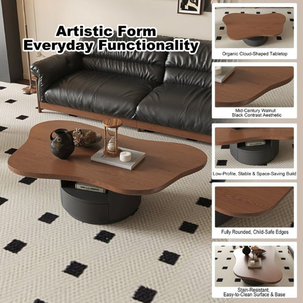 English Elm 47.24 Inch Cloud Shaped Mid-Century Coffee Table Walnut Top with Drawers for Living Room W6002S00005