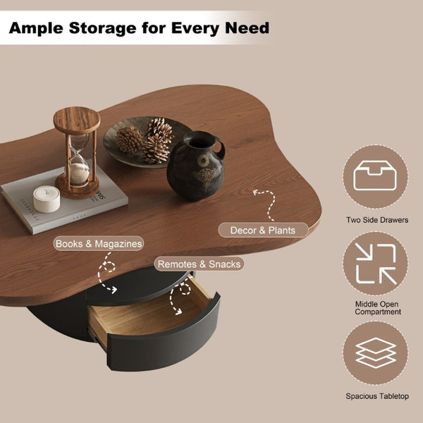 English Elm 47.24 Inch Cloud Shaped Mid-Century Coffee Table Walnut Top with Drawers for Living Room W6002S00005