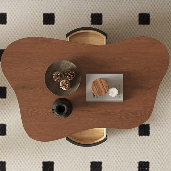English Elm 47.24 Inch Cloud Shaped Mid-Century Coffee Table Walnut Top with Drawers for Living Room W6002S00005