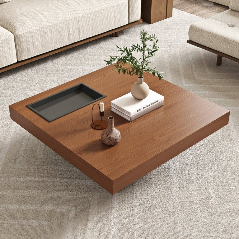 English Elm 35.43 Inch Square Walnut Veneer Coffee Table with Recessed Steel Tray and Minimalist Base W6002S00006