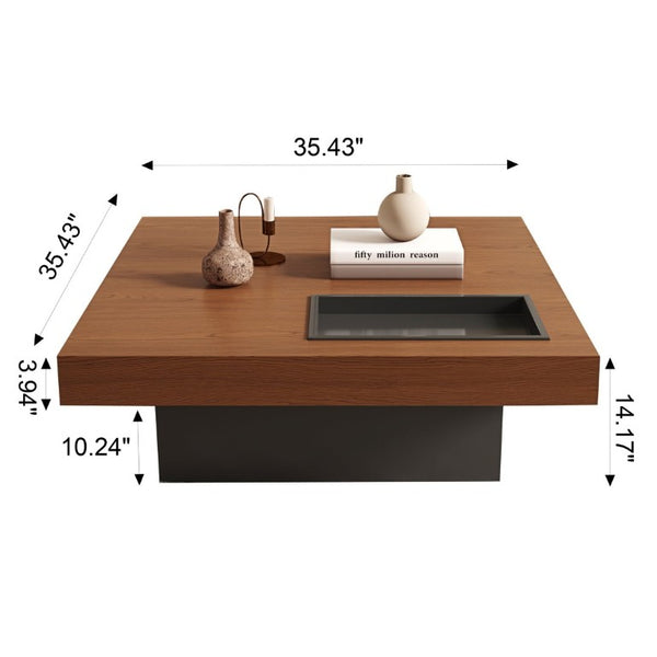 English Elm 35.43 Inch Square Walnut Veneer Coffee Table with Recessed Steel Tray and Minimalist Base W6002S00006