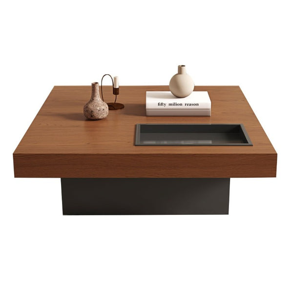 English Elm 35.43 Inch Square Walnut Veneer Coffee Table with Recessed Steel Tray and Minimalist Base W6002S00006