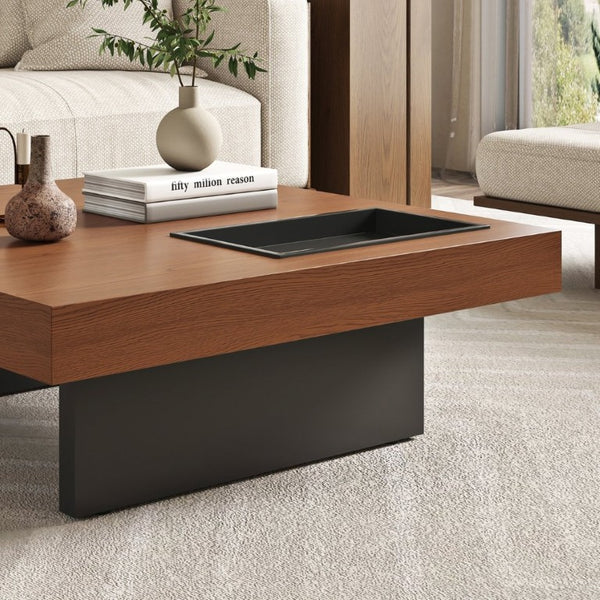 English Elm 35.43 Inch Square Walnut Veneer Coffee Table with Recessed Steel Tray and Minimalist Base W6002S00006
