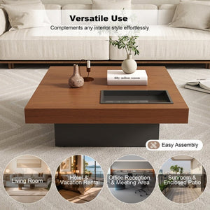 English Elm 35.43 Inch Square Walnut Veneer Coffee Table with Recessed Steel Tray and Minimalist Base W6002S00006