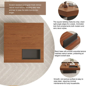 English Elm 35.43 Inch Square Walnut Veneer Coffee Table with Recessed Steel Tray and Minimalist Base W6002S00006