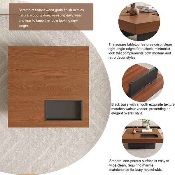 English Elm 35.43 Inch Square Walnut Veneer Coffee Table with Recessed Steel Tray and Minimalist Base W6002S00006