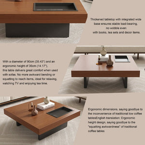 English Elm 35.43 Inch Square Walnut Veneer Coffee Table with Recessed Steel Tray and Minimalist Base W6002S00006