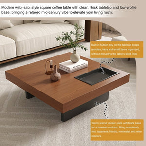 English Elm 35.43 Inch Square Walnut Veneer Coffee Table with Recessed Steel Tray and Minimalist Base W6002S00006