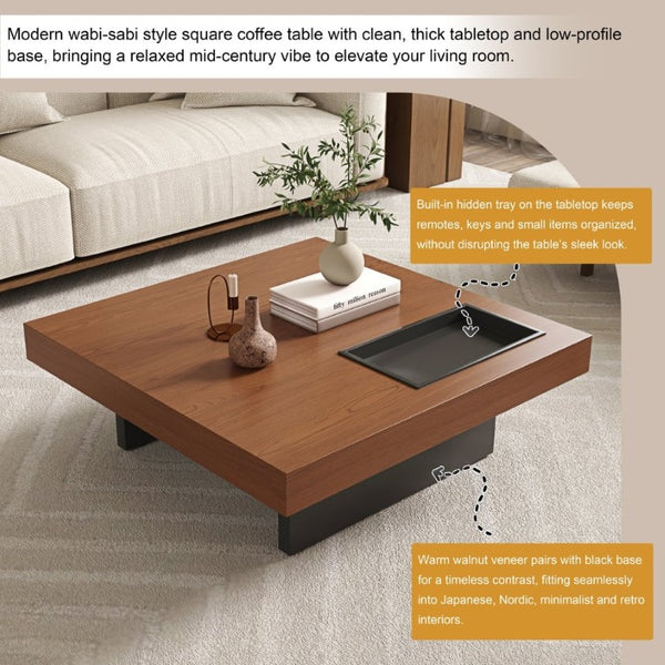 English Elm 35.43 Inch Square Walnut Veneer Coffee Table with Recessed Steel Tray and Minimalist Base W6002S00006