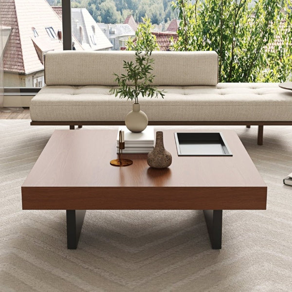 English Elm 35.43 Inch Square Walnut Veneer Coffee Table with Recessed Steel Tray and Minimalist Base W6002S00006