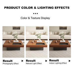 English Elm 35.43 Inch Square Walnut Veneer Coffee Table with Recessed Steel Tray and Minimalist Base W6002S00006