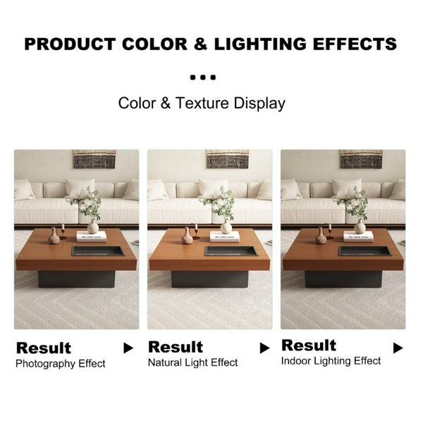English Elm 35.43 Inch Square Walnut Veneer Coffee Table with Recessed Steel Tray and Minimalist Base W6002S00006
