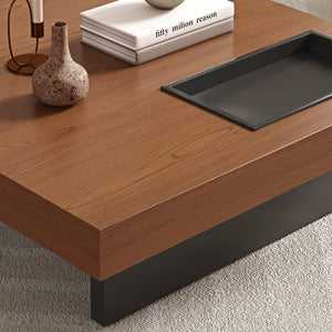 English Elm 35.43 Inch Square Walnut Veneer Coffee Table with Recessed Steel Tray and Minimalist Base W6002S00006