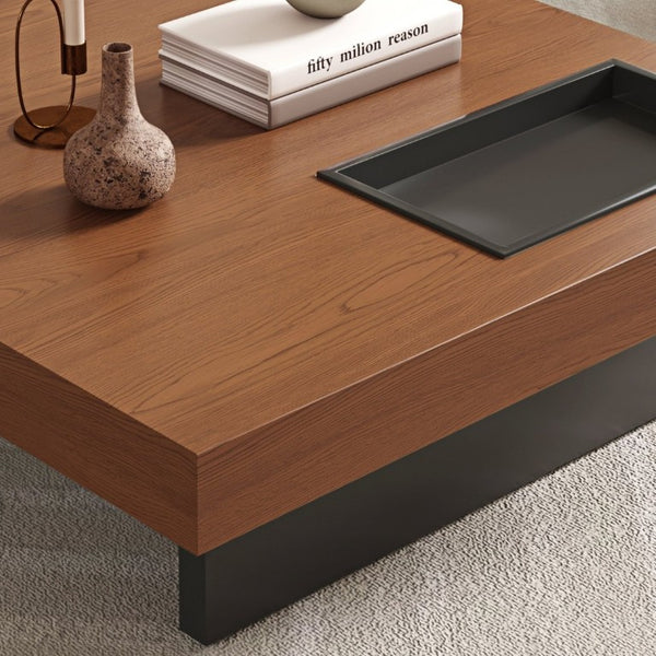 English Elm 35.43 Inch Square Walnut Veneer Coffee Table with Recessed Steel Tray and Minimalist Base W6002S00006