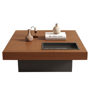 English Elm 35.43 Inch Square Walnut Veneer Coffee Table with Recessed Steel Tray and Minimalist Base W6002S00006
