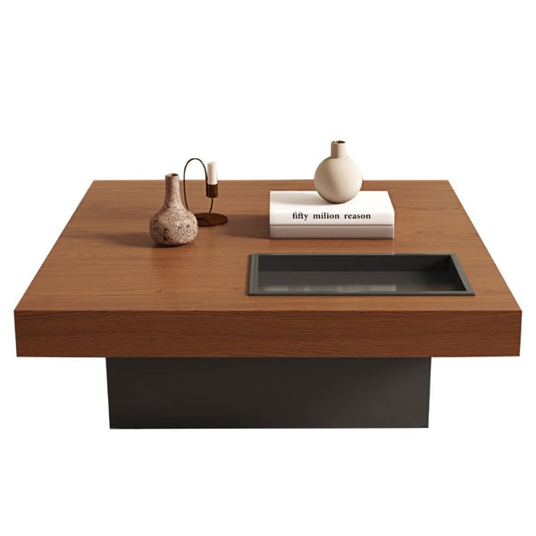English Elm 35.43 Inch Square Walnut Veneer Coffee Table with Recessed Steel Tray and Minimalist Base W6002S00006