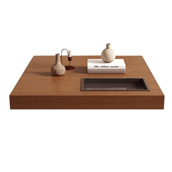 English Elm 35.43 Inch Square Walnut Veneer Coffee Table with Recessed Steel Tray and Minimalist Base W6002S00006