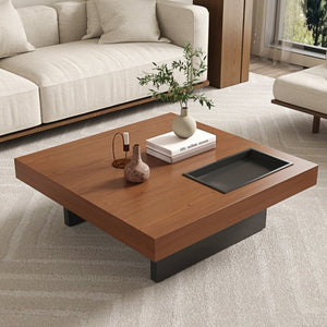 English Elm 35.43 Inch Square Walnut Veneer Coffee Table with Recessed Steel Tray and Minimalist Base W6002S00006