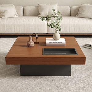 English Elm 35.43 Inch Square Walnut Veneer Coffee Table with Recessed Steel Tray and Minimalist Base W6002S00006