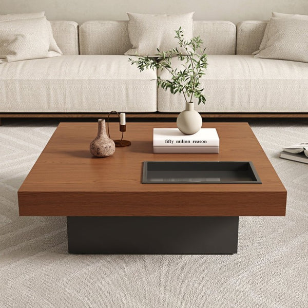 English Elm 35.43 Inch Square Walnut Veneer Coffee Table with Recessed Steel Tray and Minimalist Base W6002S00006