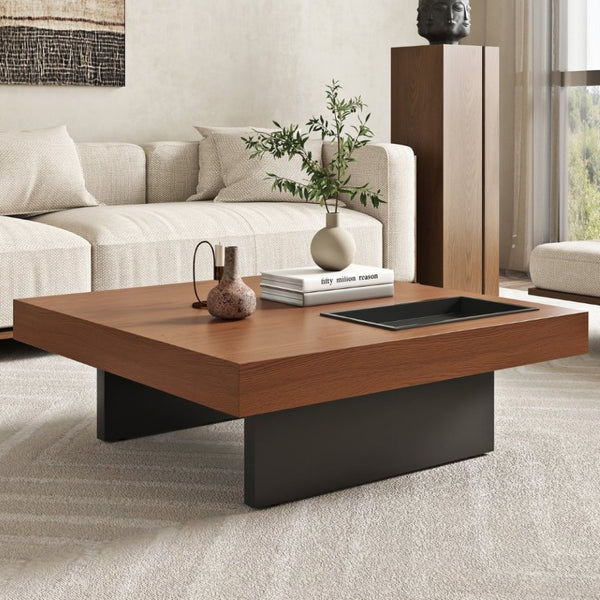 English Elm 35.43 Inch Square Walnut Veneer Coffee Table with Recessed Steel Tray and Minimalist Base W6002S00006