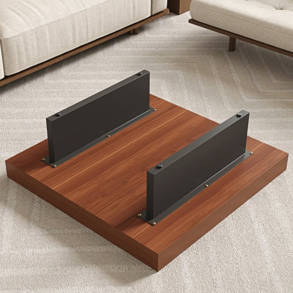 English Elm 35.43 Inch Square Walnut Veneer Coffee Table with Recessed Steel Tray and Minimalist Base W6002S00006