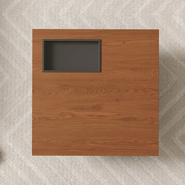 English Elm 35.43 Inch Square Walnut Veneer Coffee Table with Recessed Steel Tray and Minimalist Base W6002S00006