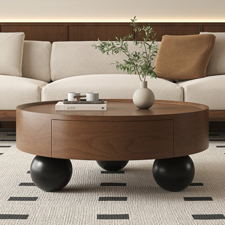 English Elm 35.43 Inch Round Walnut Finish Coffee Table with Hidden Drawer and Black Sphere Legs W6002S00007