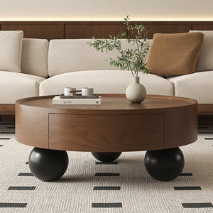 English Elm 35.43 Inch Round Walnut Finish Coffee Table with Hidden Drawer and Black Sphere Legs W6002S00007