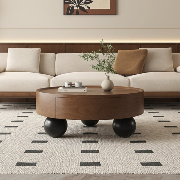 English Elm 35.43 Inch Round Walnut Finish Coffee Table with Hidden Drawer and Black Sphere Legs W6002S00007