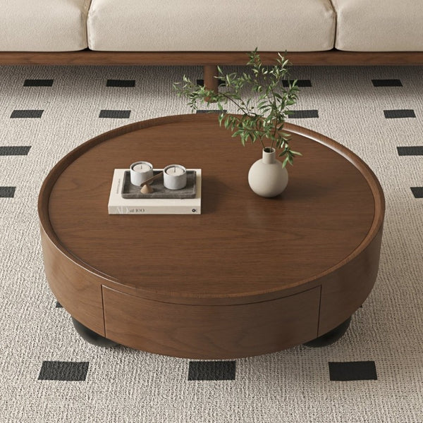 English Elm 35.43 Inch Round Walnut Finish Coffee Table with Hidden Drawer and Black Sphere Legs W6002S00007