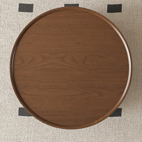 English Elm 35.43 Inch Round Walnut Finish Coffee Table with Hidden Drawer and Black Sphere Legs W6002S00007