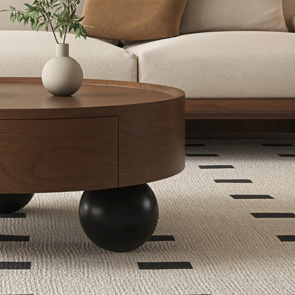 English Elm 35.43 Inch Round Walnut Finish Coffee Table with Hidden Drawer and Black Sphere Legs W6002S00007