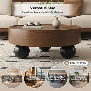 English Elm 35.43 Inch Round Walnut Finish Coffee Table with Hidden Drawer and Black Sphere Legs W6002S00007