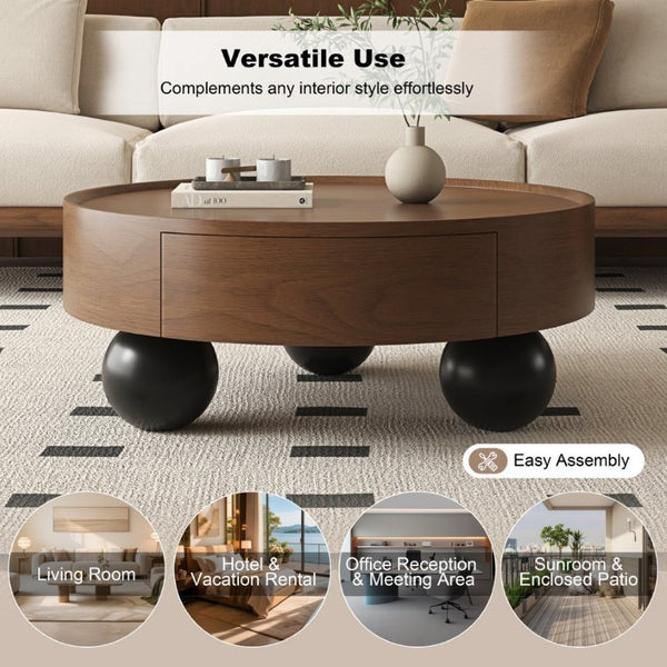 English Elm 35.43 Inch Round Walnut Finish Coffee Table with Hidden Drawer and Black Sphere Legs W6002S00007