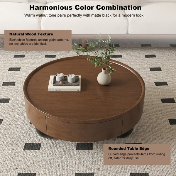 English Elm 35.43 Inch Round Walnut Finish Coffee Table with Hidden Drawer and Black Sphere Legs W6002S00007