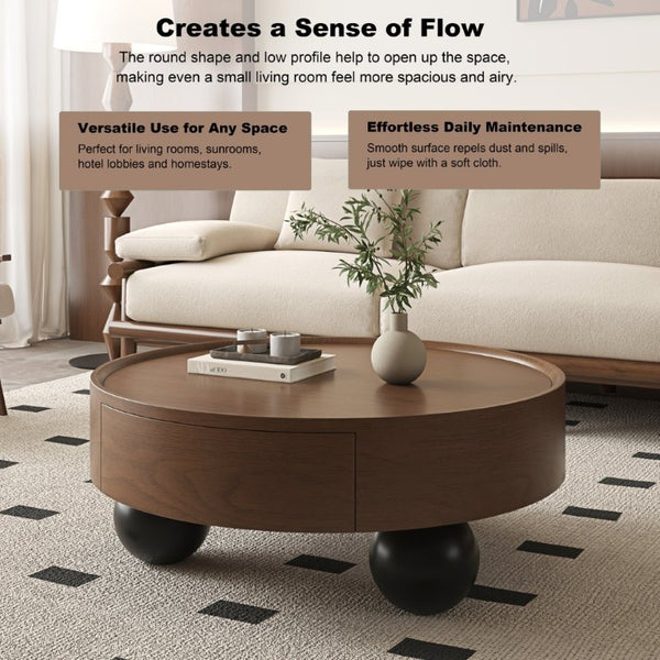 English Elm 35.43 Inch Round Walnut Finish Coffee Table with Hidden Drawer and Black Sphere Legs W6002S00007