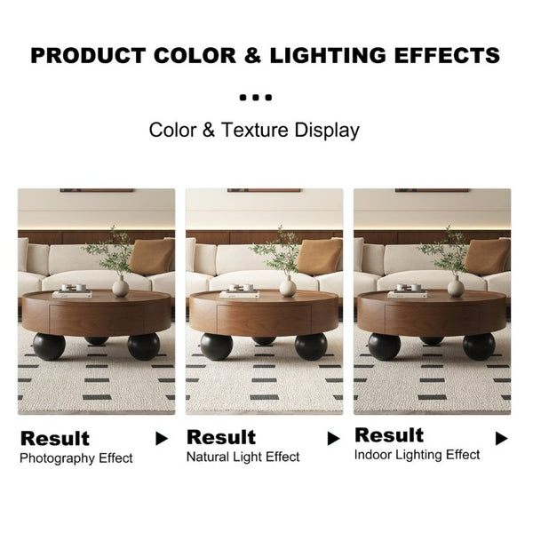 English Elm 35.43 Inch Round Walnut Finish Coffee Table with Hidden Drawer and Black Sphere Legs W6002S00007
