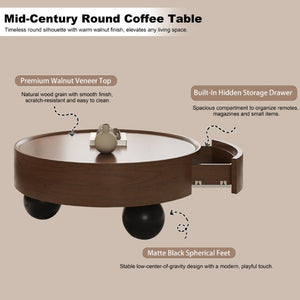 English Elm 35.43 Inch Round Walnut Finish Coffee Table with Hidden Drawer and Black Sphere Legs W6002S00007