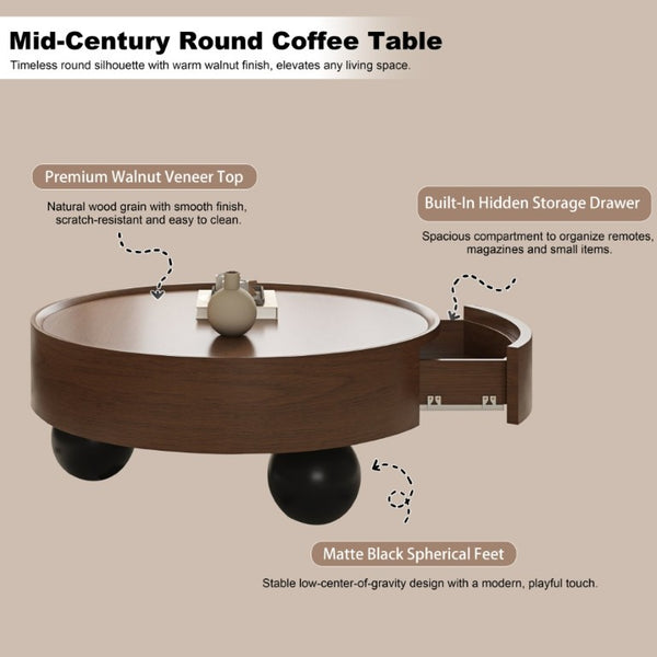 English Elm 35.43 Inch Round Walnut Finish Coffee Table with Hidden Drawer and Black Sphere Legs W6002S00007
