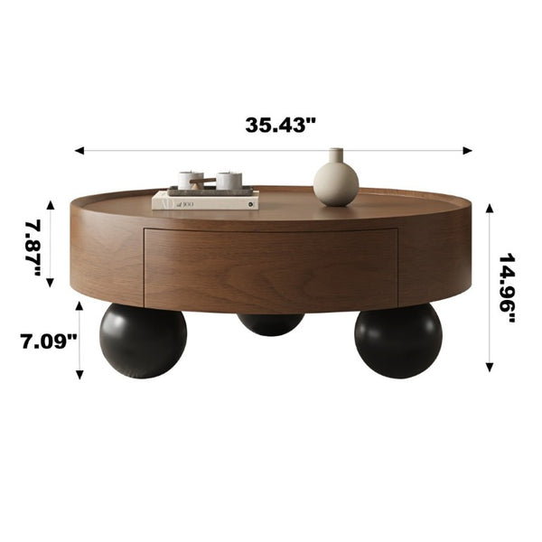 English Elm 35.43 Inch Round Walnut Finish Coffee Table with Hidden Drawer and Black Sphere Legs W6002S00007