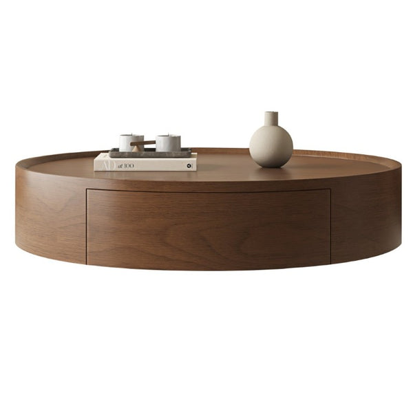 English Elm 35.43 Inch Round Walnut Finish Coffee Table with Hidden Drawer and Black Sphere Legs W6002S00007